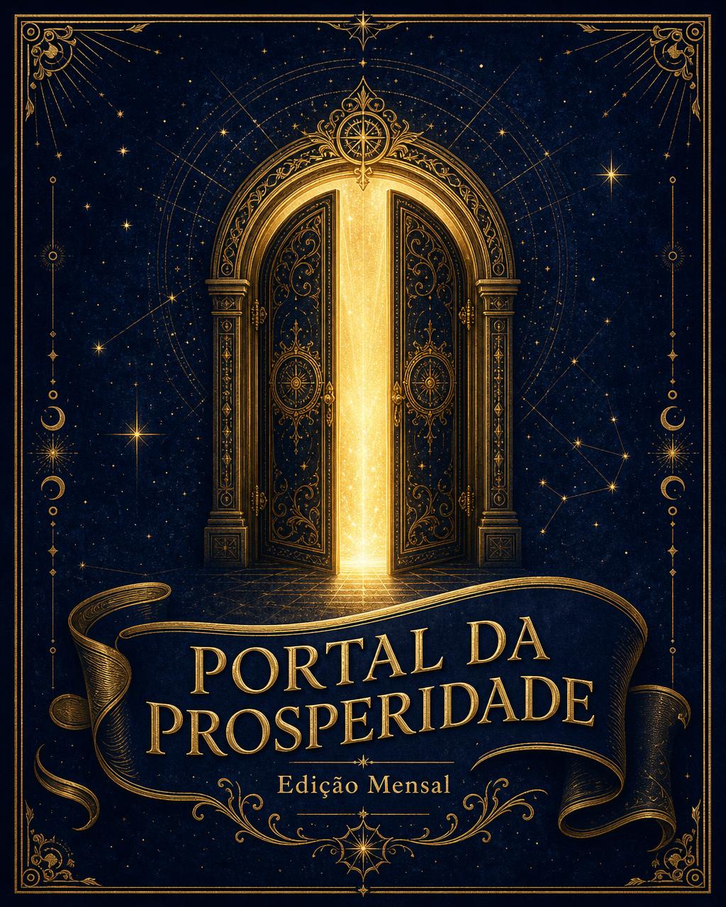 Capa do produto Portal da Prosperidade — Edição Mensal: grimório azul-marinho com portal dourado entreaberto